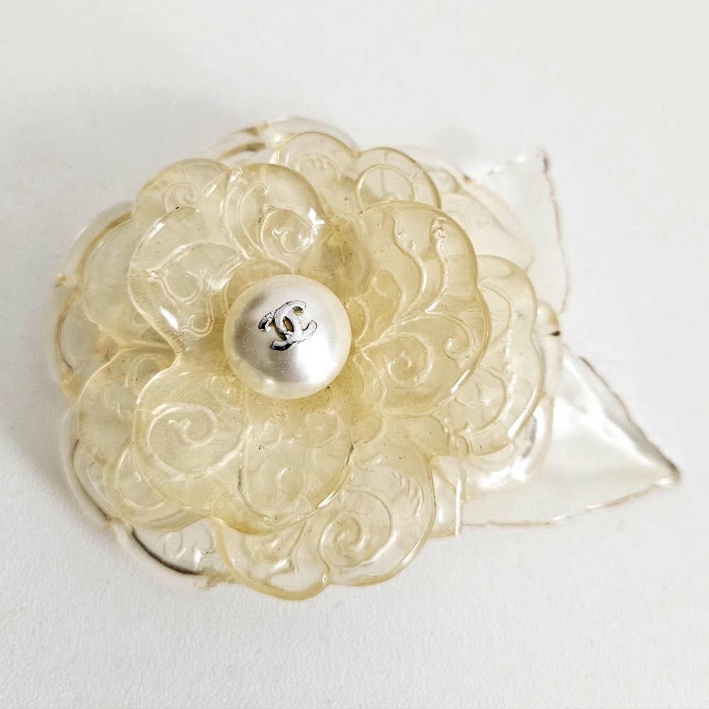 Chanel Ivory Lucite CC Camellia Brooch